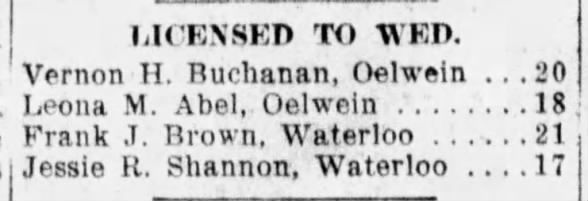 Vernon H Leona Abel Buchanan Licensed to Wed
